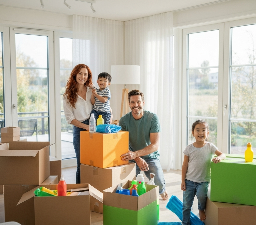 Familj som använder National Logistiks flytthjälp och flyttstädning tjänster